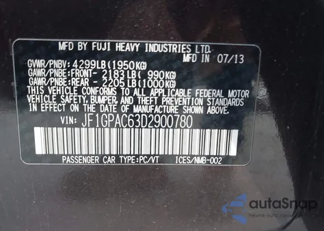 2013 Subaru Impreza 2.0I Premium from USA, damaged, VIN JF1GPAC63D2900780